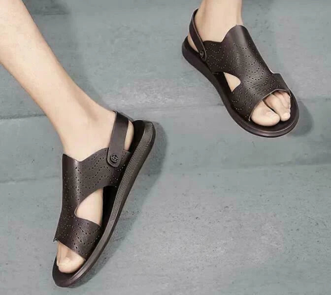 Men Summer Sandals Slippers Open Toe Slingbacks Cut Out Beach Leather Breathable