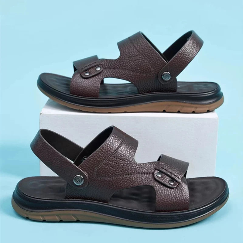 Open Toe Summer Slipper Sandals Beach Real Leather Mens Shoes Roman Style Casual