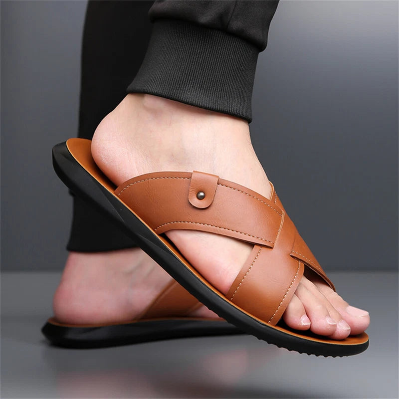 Men's Leather Slide Sandal Outdoor Sports Casual Slippers Beach Sandals for Men