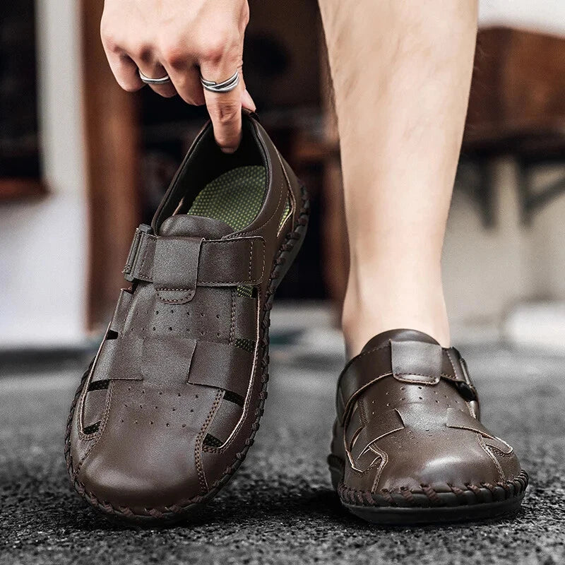 Men Leather Loafers Breathable Soft Sandals Handmade Non Slip Beach Slippers