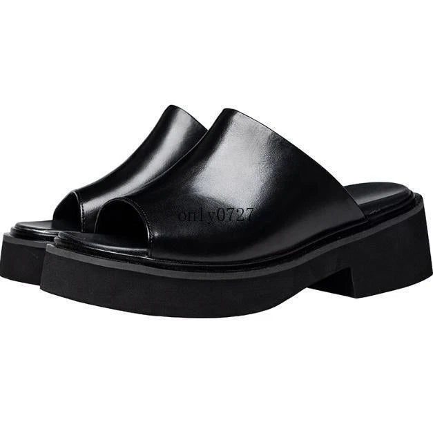 Real Leather Platform Slippers Men's Open Toe Casual Slip On Block Heel Sandals