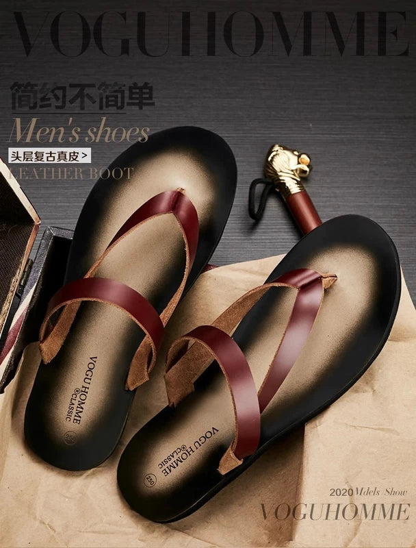 Men's Cowhide Slippers Casual Leather Flip Flops Breathable Slip on Beach Shoes
