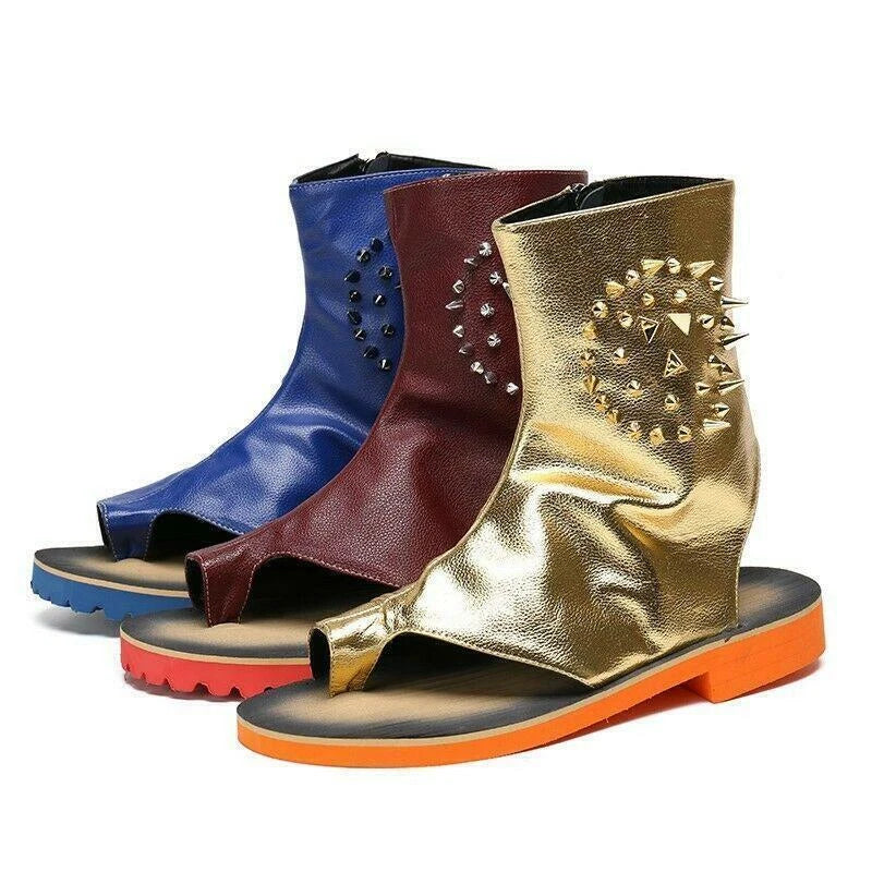 Rivet Gladiator Men's Leather Shoes Sandals High Top Boot Roma Open Toe Clip Toe