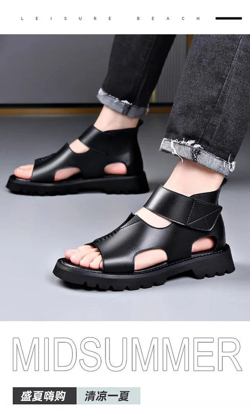Men Leather Sandals Summer Breathable Roman Beach Shoes Light Soft Sole Slippers