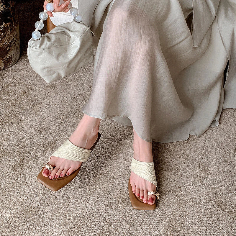 Womens Metal Buckle Slippers Summer Coarse Middle Heel Square Toe Beach Sandals