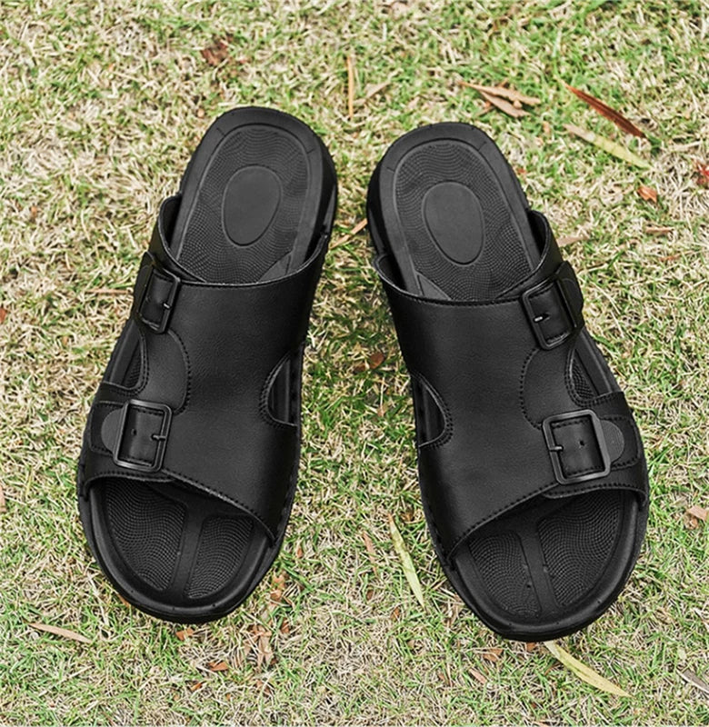 Men's Leather Slip On Beach Sandals Fashion Summer Outdoor Casual Slippers