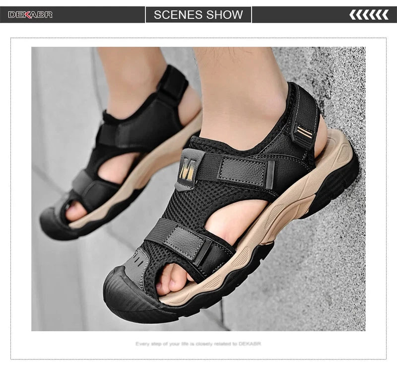 Fashion Casual Men Shoes Genuine Leather Mesh Beach Sandals Breathable Slippers