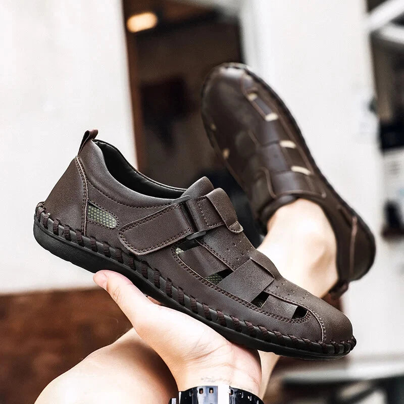 Men Leather Loafers Breathable Soft Sandals Handmade Non Slip Beach Slippers