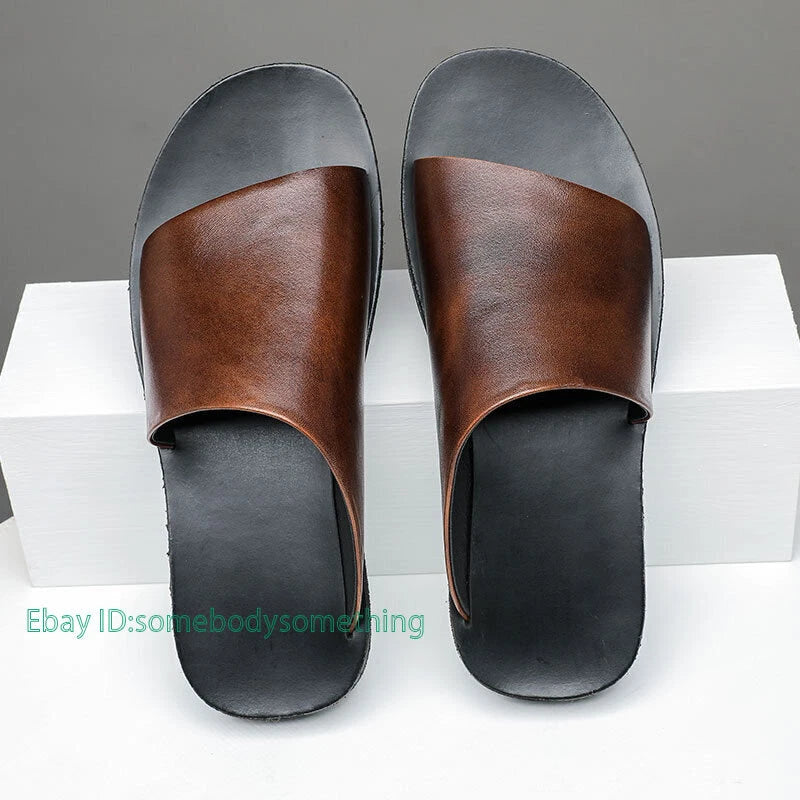 Men's Flat Leather Open Toe Breathable Outdoor Beach Slippers Sandals Shoes