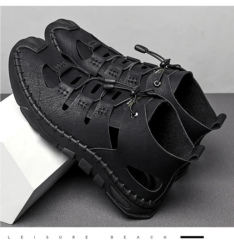 Men High Top Roman Sandals Leather Light Casual Slippers Breathable Beach Shoes