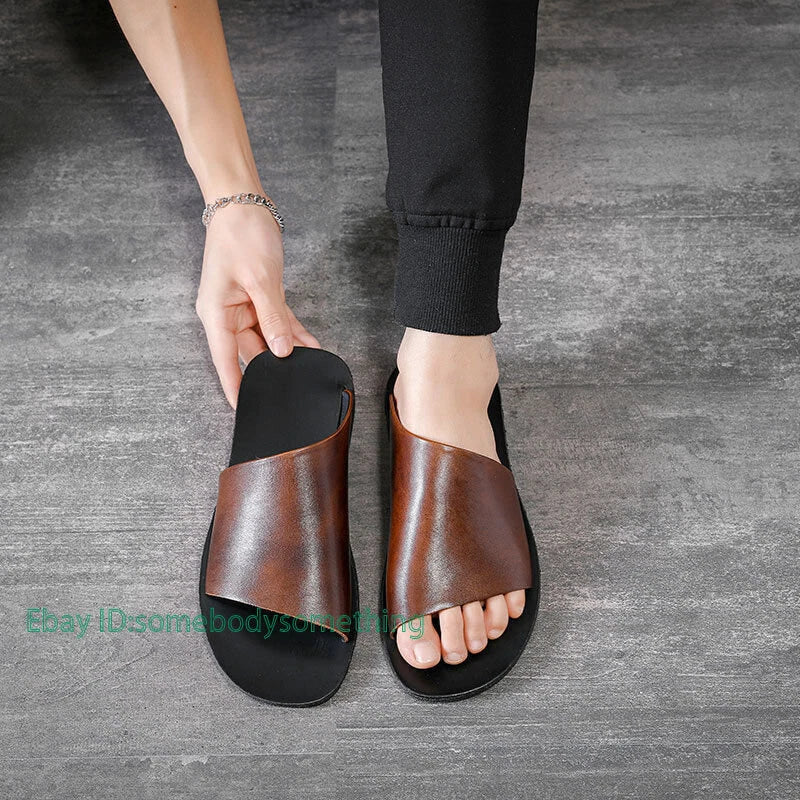 Men's Flat Leather Open Toe Breathable Outdoor Beach Slippers Sandals Shoes