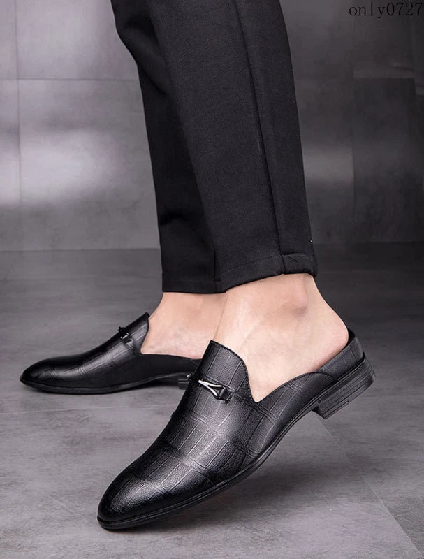 Mens Leather Breathable Sandals Pointy Toe Slip On Metal Slipper Shoes Mules Hot
