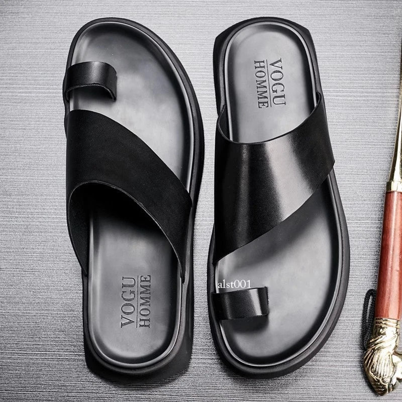 Mens Summer Leather Flip Flops Clipped Toe Korean Non Slip Beach Casual Slippers