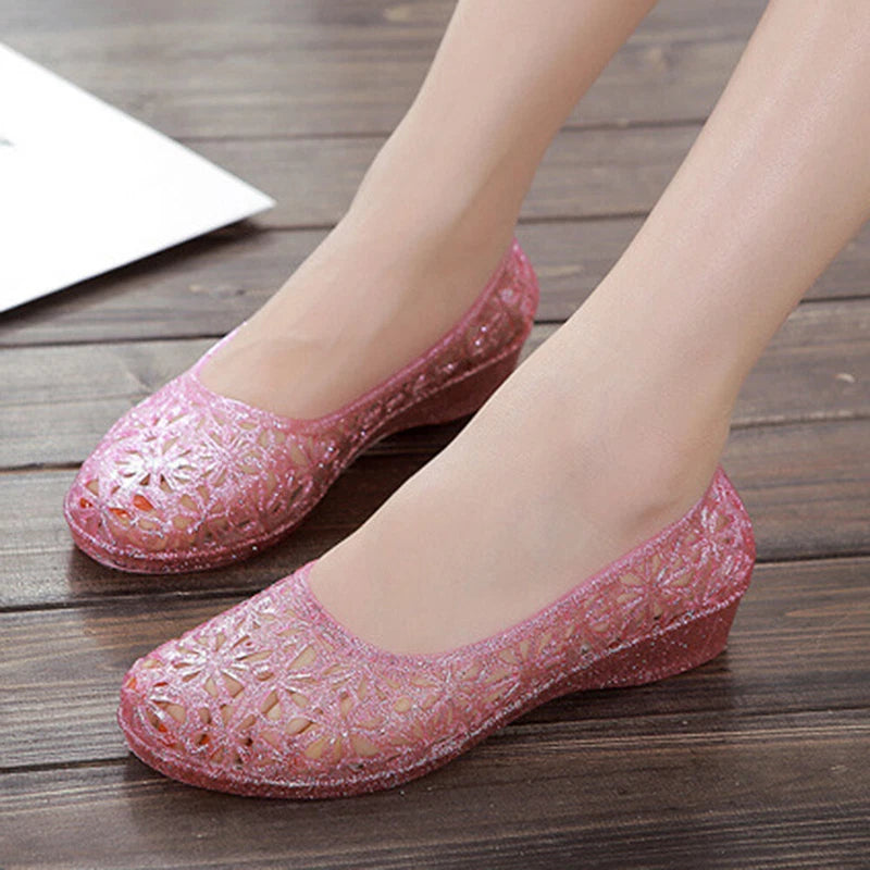 Womens Summer Jelly Sandals Hollow Out Shoes Glitter Crystal Mesh Slippers Size