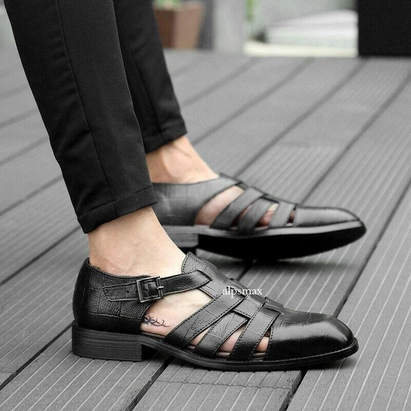 Mens Dress Formal Sandals Shoes Hollow Cut Out Buckle Leather Flats Roman Shoes
