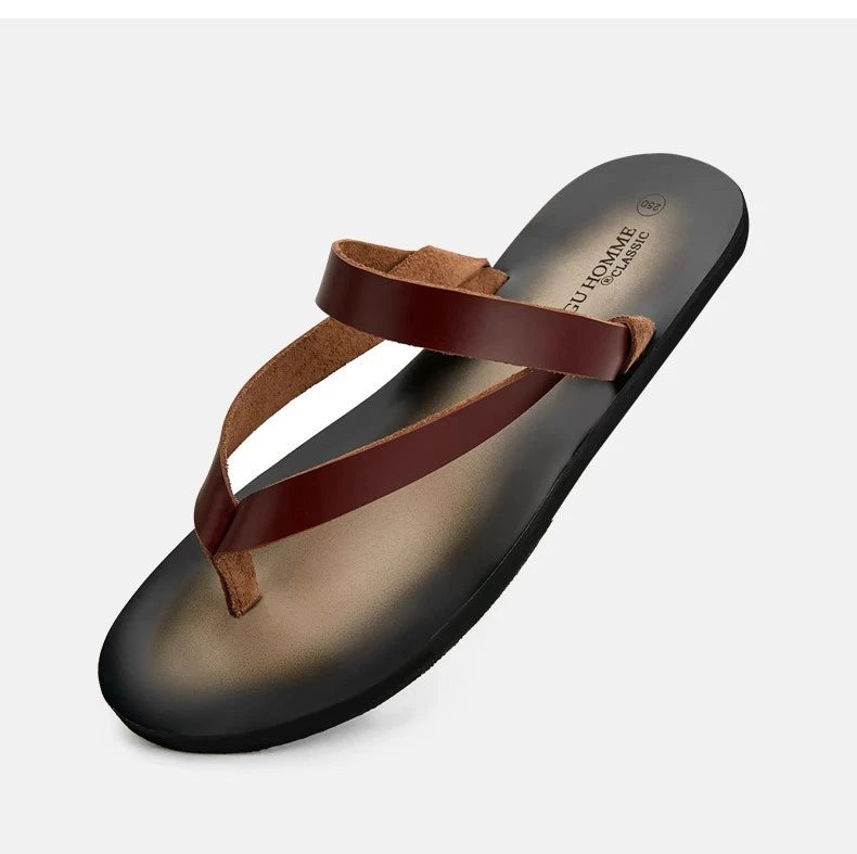 Men's Cowhide Slippers Casual Leather Flip Flops Breathable Slip on Beach Shoes