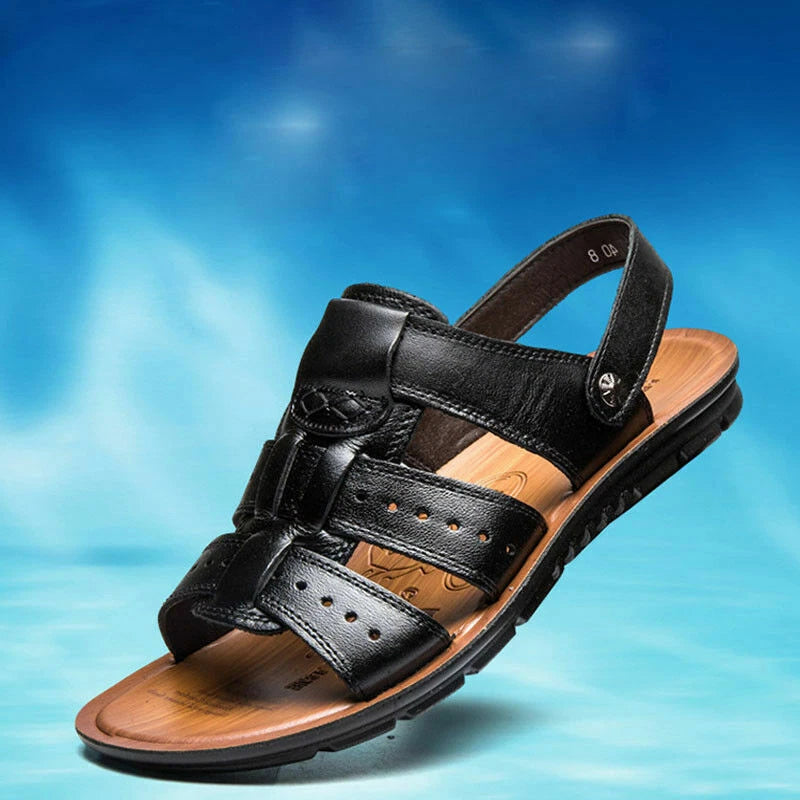 New Men Sandals Leather Shoes Open Toe Flats Slip On Beach Fisherman Shoes