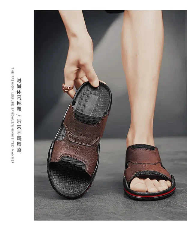 Mens Slippers Sandals Open Toe Fashion PU Leather Beach Holiday Summer Flats New