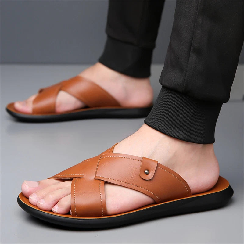 Men's Leather Slide Sandal Outdoor Sports Casual Slippers Beach Sandals for Men