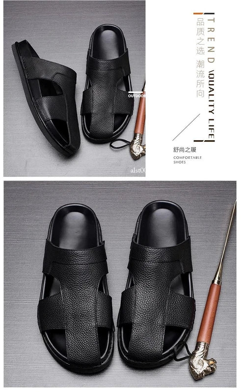 Mens Cowhide Slippers Outdoor Breathable Sandals Anti Slip Beach Casual Slippers
