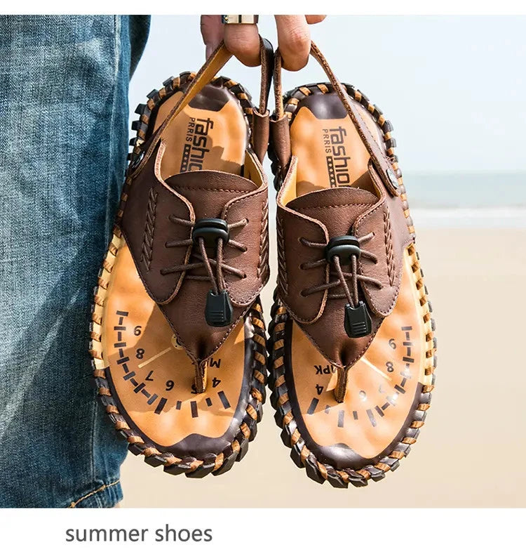 38-48 Plus Size Mens Real Leather Flip Flops Sandals Slipper Beach Holiday Shoes