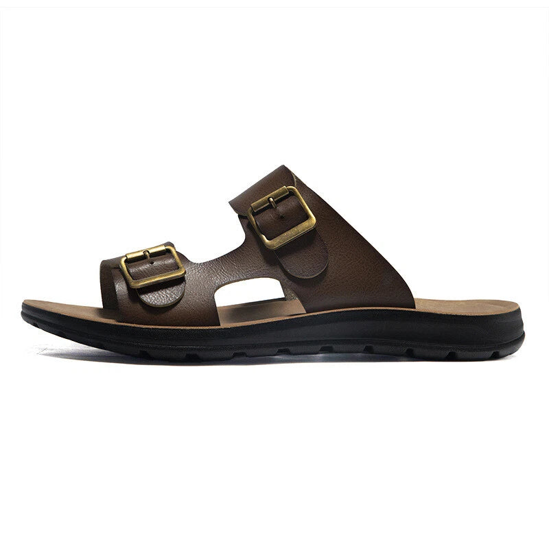 Mens Beach Summer Flats Heel Sandals Buckles Open Toe Slipper Leather Shoes 2025