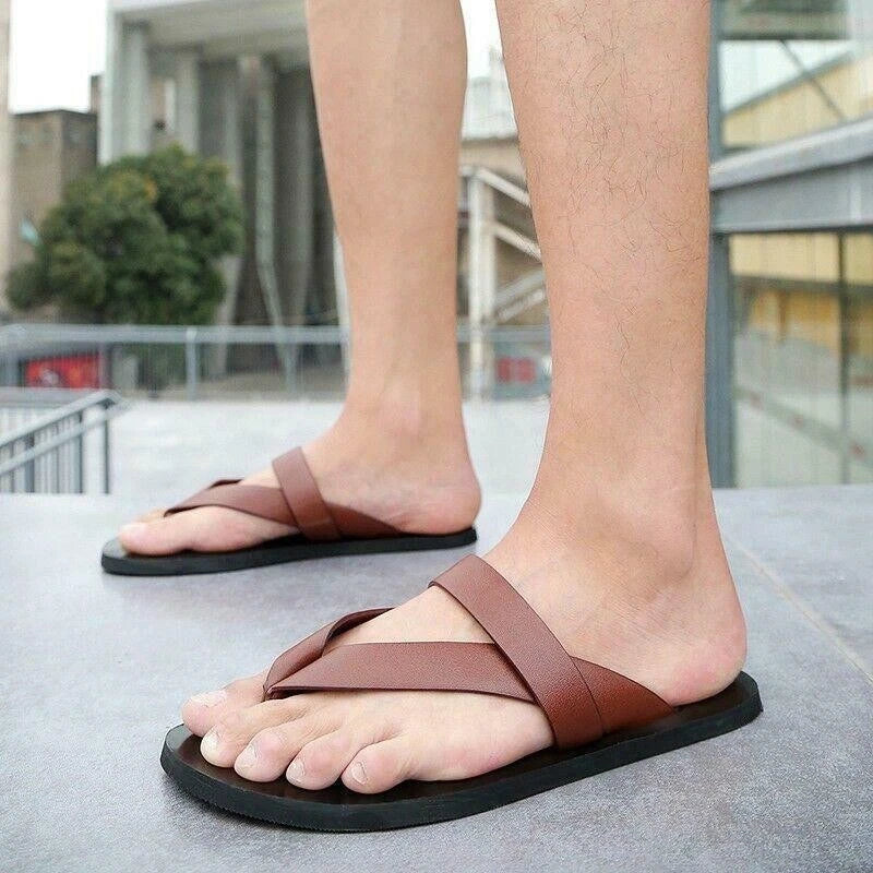 Mens Beach Outdoor Leather Sandals flip flops  Strap Shoes Anti-slip Slippers