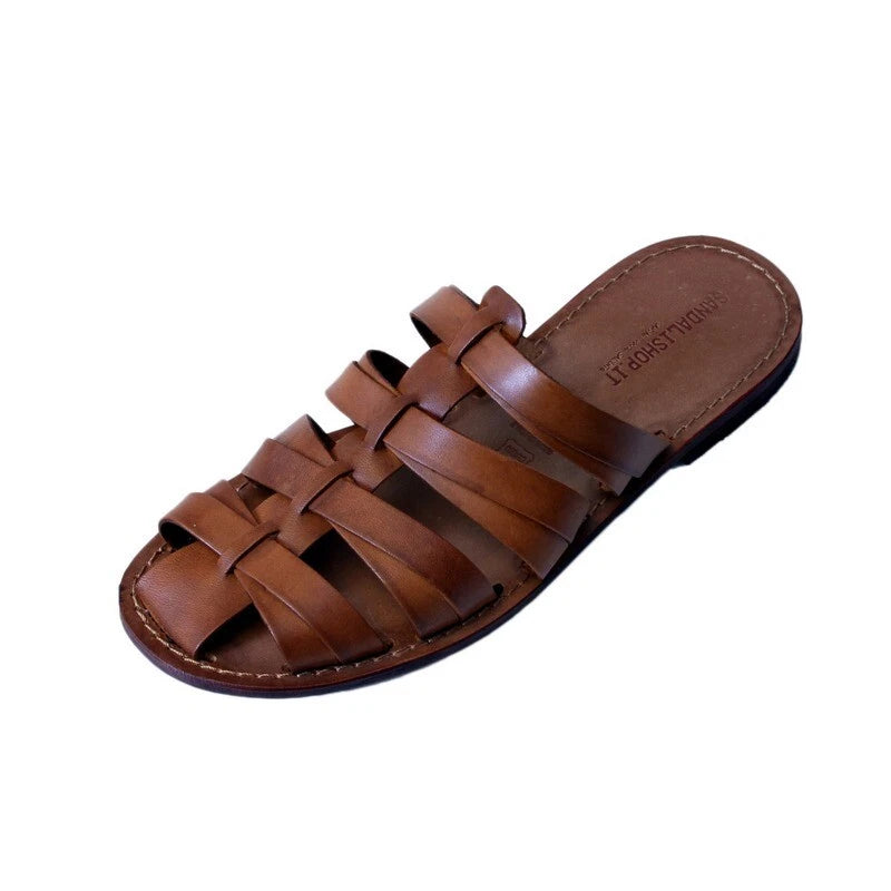 Men's Sabot Slippers with Leather Sole Made in Italy Handcrafted Cognac Leather