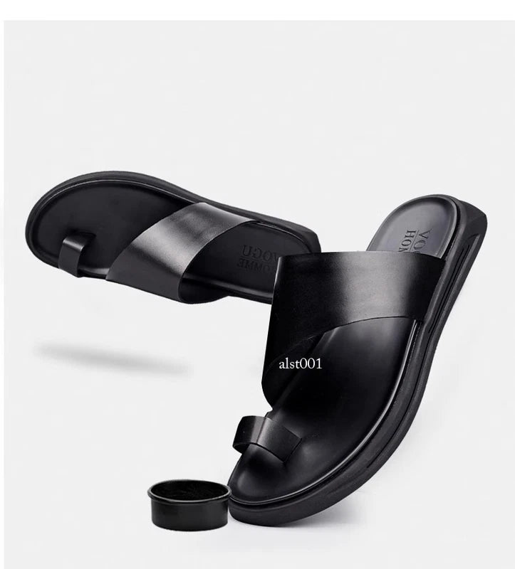 Mens Summer Leather Flip Flops Clipped Toe Korean Non Slip Beach Casual Slippers