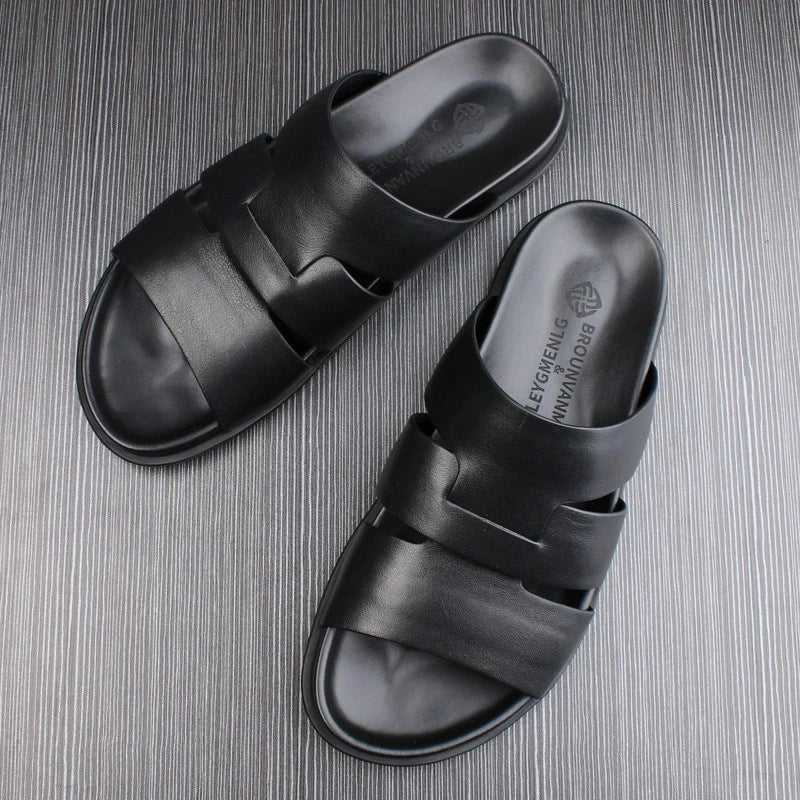 Summer Open Toe Real Leather Mens Sandals Slippers Flats Shoes Beach Roman Style