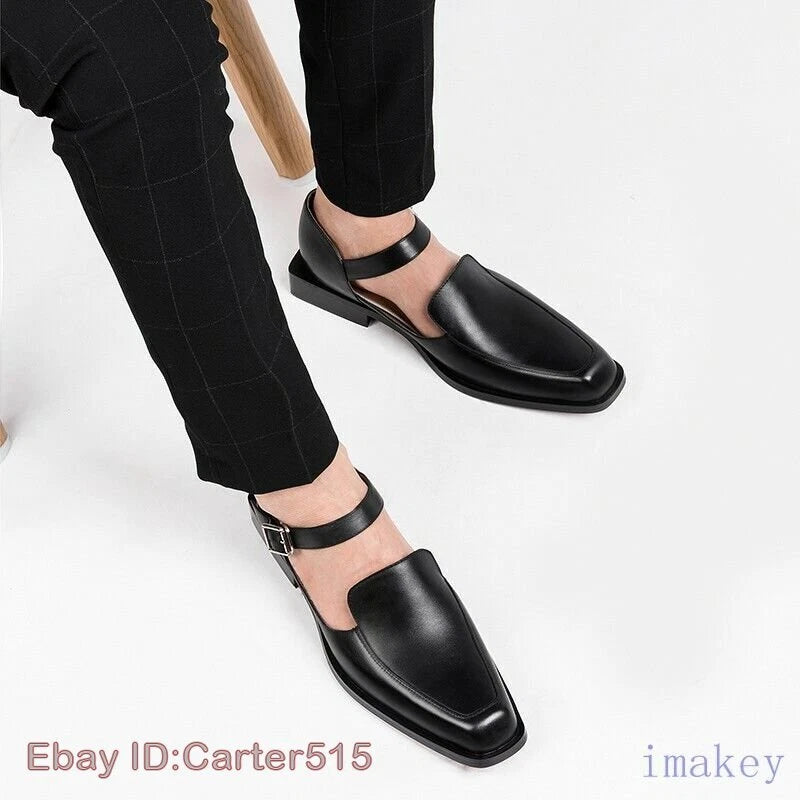 Men's Closed Toe Buckle Square Toe Breathable Leather Roman Sandals Casual Shoes