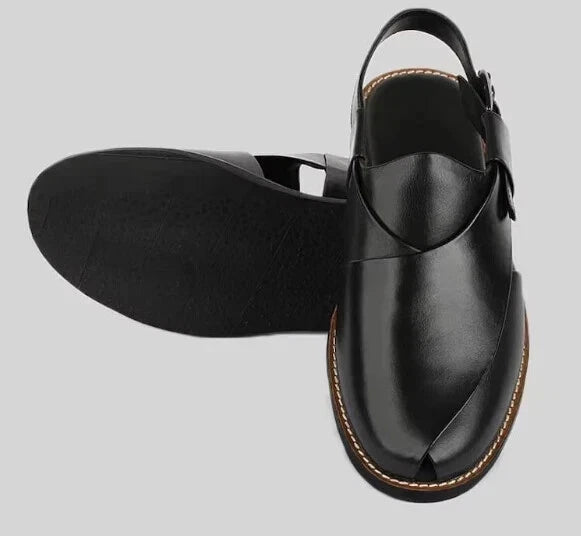 Handcrafted Men's Premium Quality Black Color Peshawari Chappal Leather Sandal