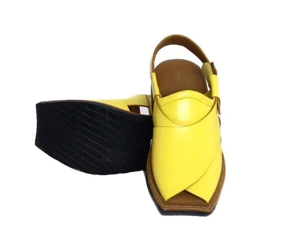 Handstitched Men's Cowhide Leather Yellow Peshawari Chappal Leather Sandals Men