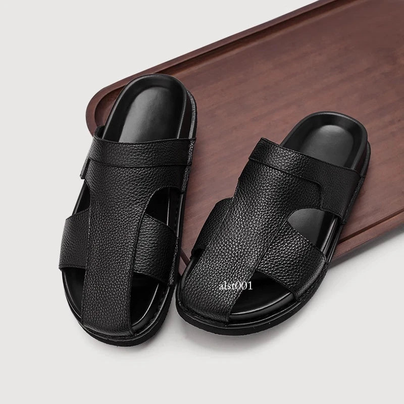 Mens Cowhide Slippers Outdoor Breathable Sandals Anti Slip Beach Casual Slippers