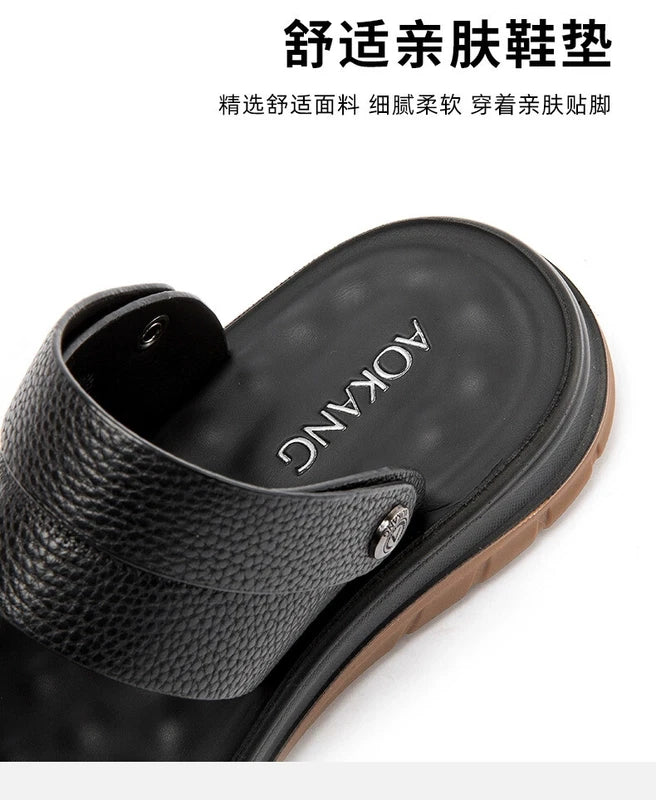 Open Toe Summer Slipper Sandals Beach Real Leather Mens Shoes Roman Style Casual