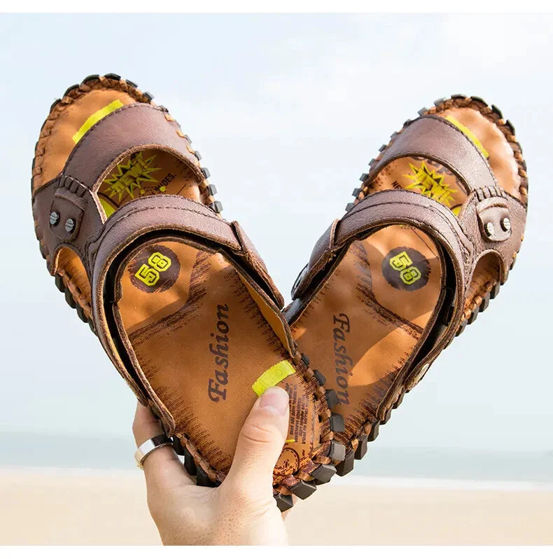 Open Toe Hollow Out Leather Mens Slippers Sandals Beach Holiday Summer Slingback