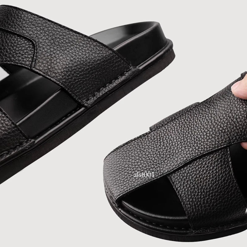 Mens Cowhide Slippers Outdoor Breathable Sandals Anti Slip Beach Casual Slippers