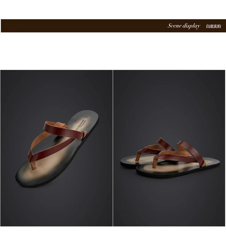 Men's Cowhide Slippers Casual Leather Flip Flops Breathable Slip on Beach Shoes