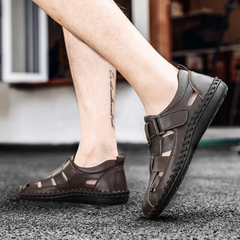 Men Leather Loafers Breathable Soft Sandals Handmade Non Slip Beach Slippers
