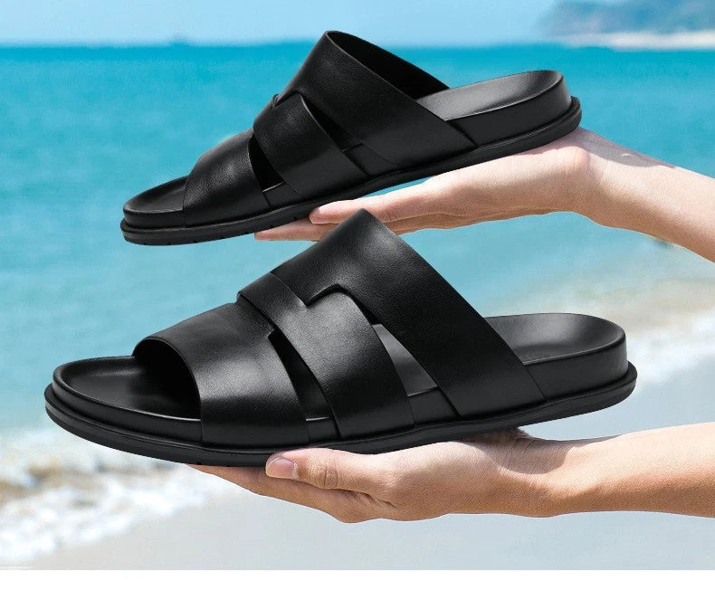 Summer Open Toe Real Leather Mens Sandals Slippers Flats Shoes Beach Roman Style