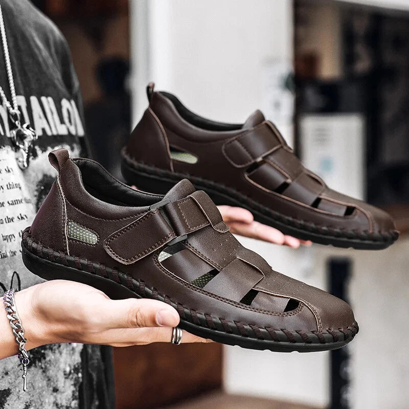 Men Leather Loafers Breathable Soft Sandals Handmade Non Slip Beach Slippers