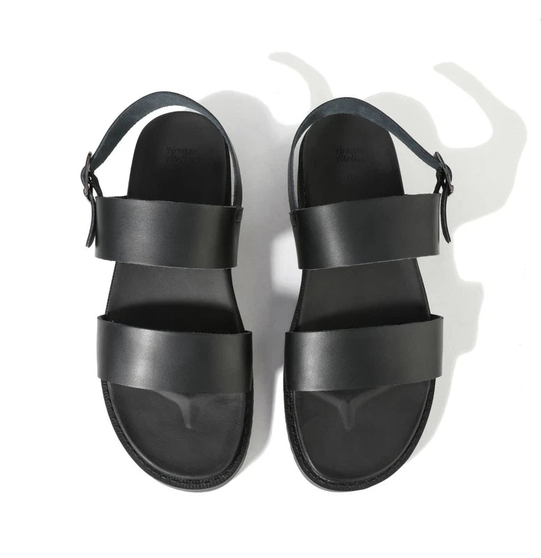 Firenze Atelier Mens Black Leather Open Toe Roman Sandals Fashion Beach Slippers