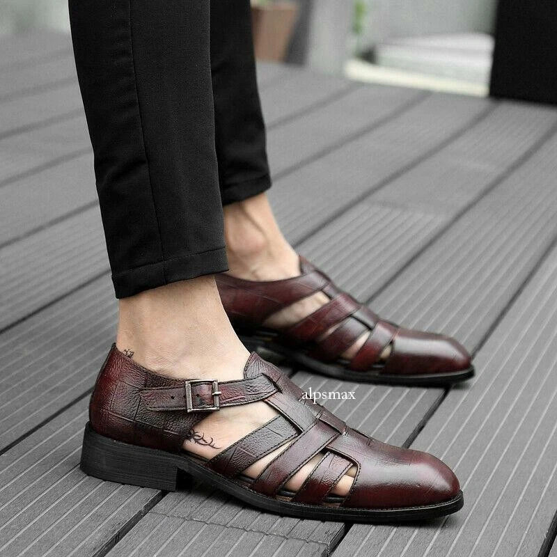 Mens Dress Formal Sandals Shoes Hollow Cut Out Buckle Leather Flats Roman Shoes