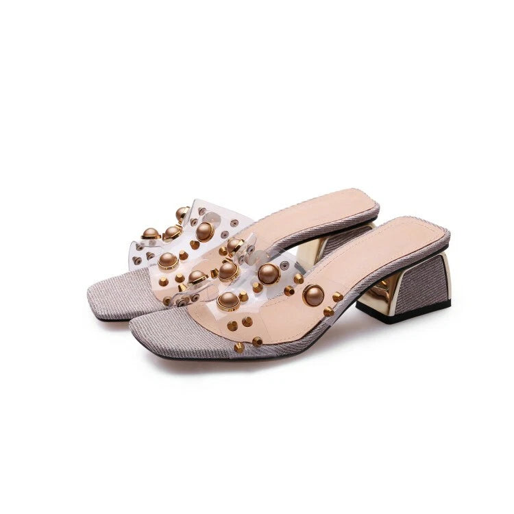 Womens Fashion Transparent Pearls Block Heel Beach Slippers Sandals Shoes AKCS0