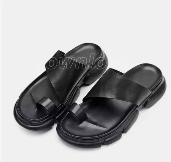 Men's Leather Sandals Shoes Slippers Casual Flip Flops Platform Beach Fashion