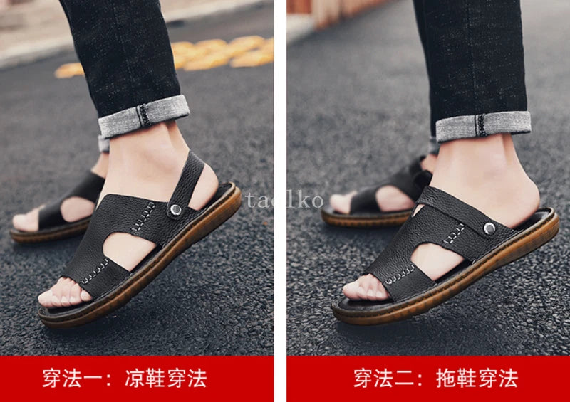 Open Toe Leather Slip on Slippers Sandals Flats Beach Holiday Men Shoes