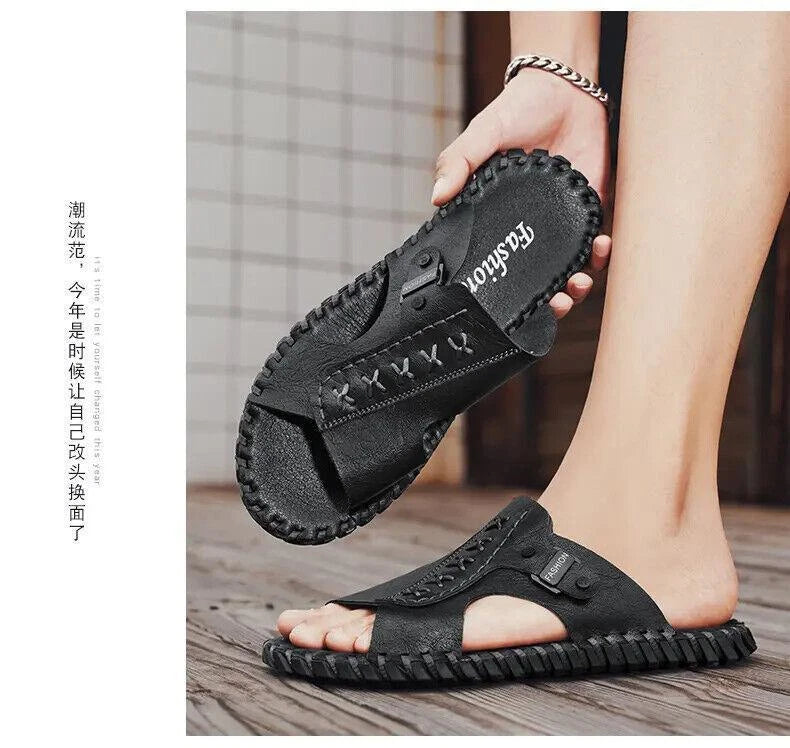 Chic Mens Open Toe Faux Leather Slippers Sandal Casual Beach Outdoor Flat Summer