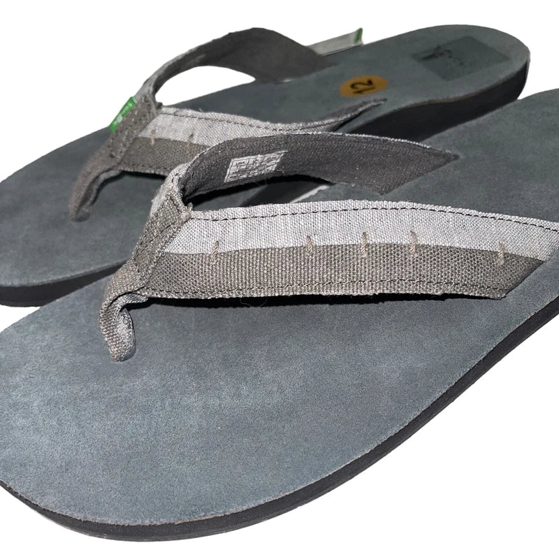 Sanuk Flip Flops Mens Gray Suede Leather Comfort Canvas Sandals Slippers Dr Fray