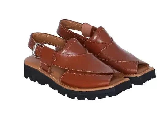 Handmade Men's Cowhide Streaky Leather Brown Color Leather Peshawari Chappal Men