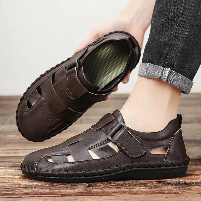 Men Leather Loafers Breathable Soft Sandals Handmade Non Slip Beach Slippers
